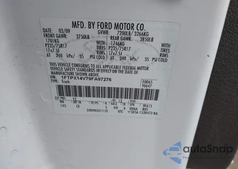 2009 Ford F-150 Fx4/Lariat/Xl/Xlt z USA, uszkodzony, nr VIN 1FTPX14V79FA97276